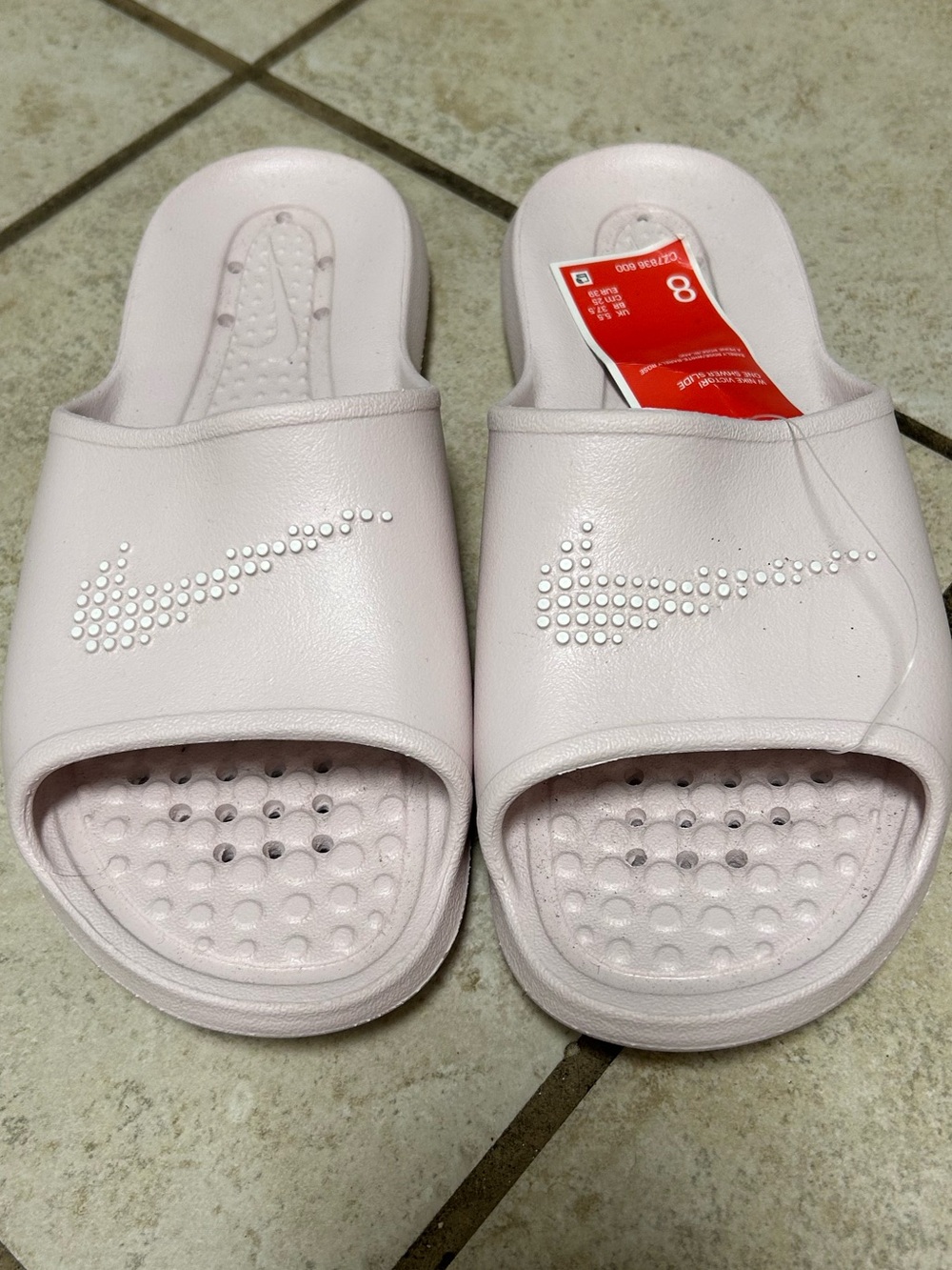 Nike Women's Light Pink Slide Sandals with Rhinestone Swoosh
